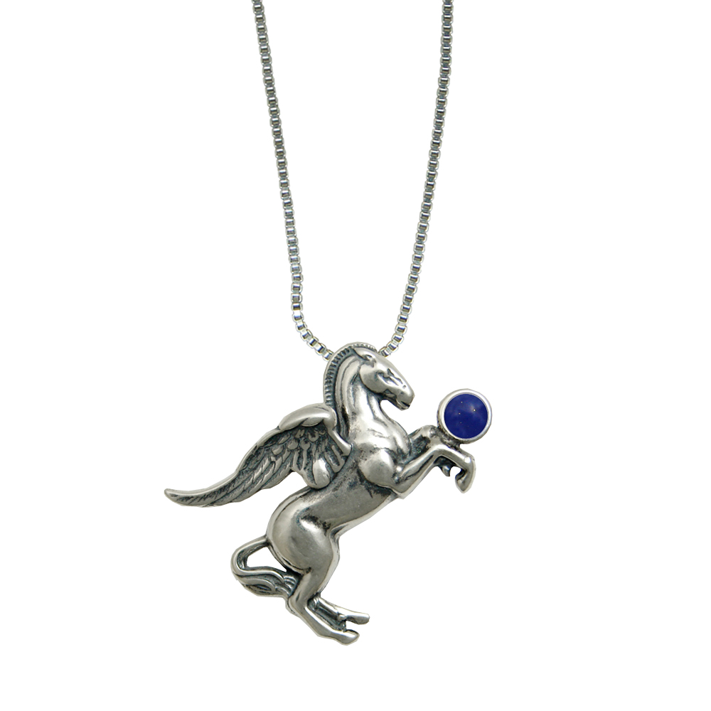 Sterling Silver Greek Winged Horse Pegasus Pendant With Lapis Lazuli